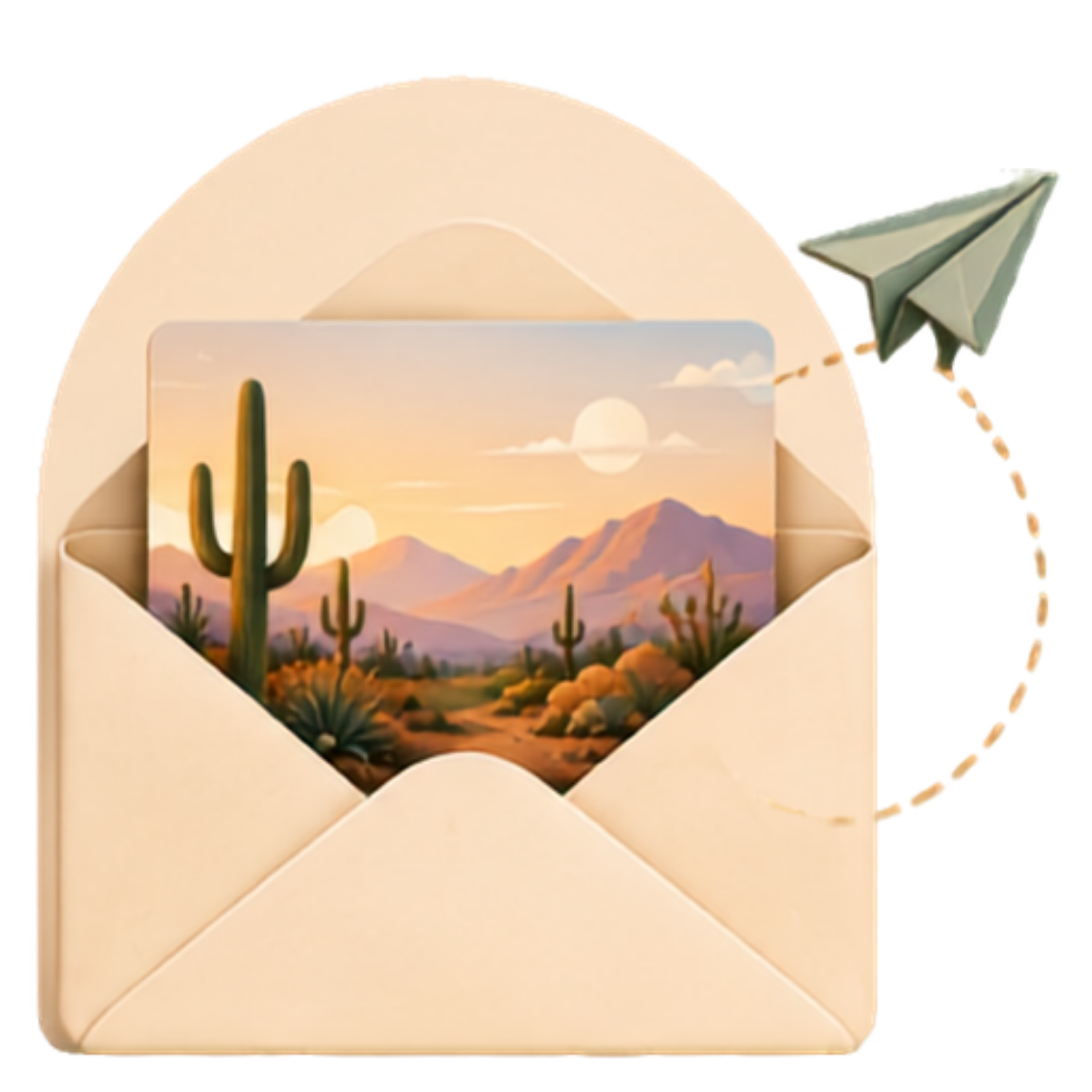 Illustration of an open envelope containing a desert landscape photo with a saguaro cactus, and a small paper airplane flying above