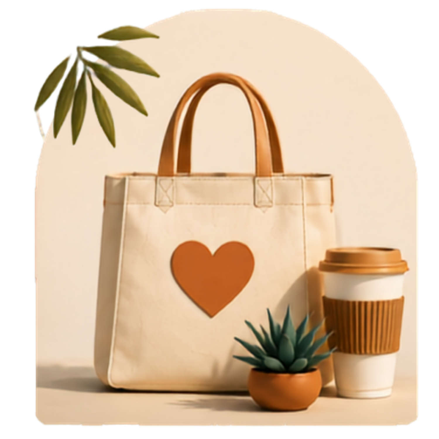 Circular illustration of a canvas tote bag with a brown heart, a potted succulent, and a coffee cup