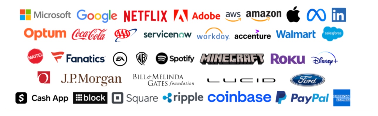 Microsoft, Google, Netflix, Adobe, AWS, Amazon, Apple, Meta, LinkedIn, Optum, Coca-Cola, AAA, ServiceNow, Workday, Accenture, Walmart, Salesforce, Mattel, Fanatics, EA, Warner Bros, Spotify, Minecraft, Roku, Disney+, JPMorgan, Bill and Melinda Gates Foundation, Lucid, Ford, Cash App, Block, Square, Ripple, Coinbase, PayPal, American Express