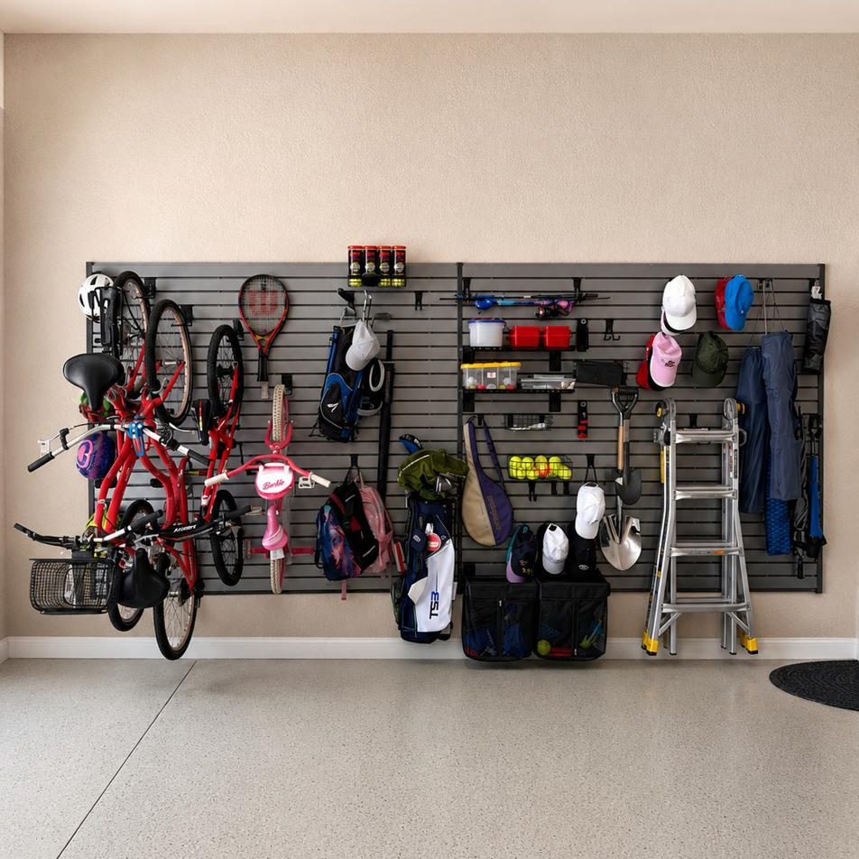 Garage after: slatwall with bikes, rackets, golf bags and helmets hung, clear floor