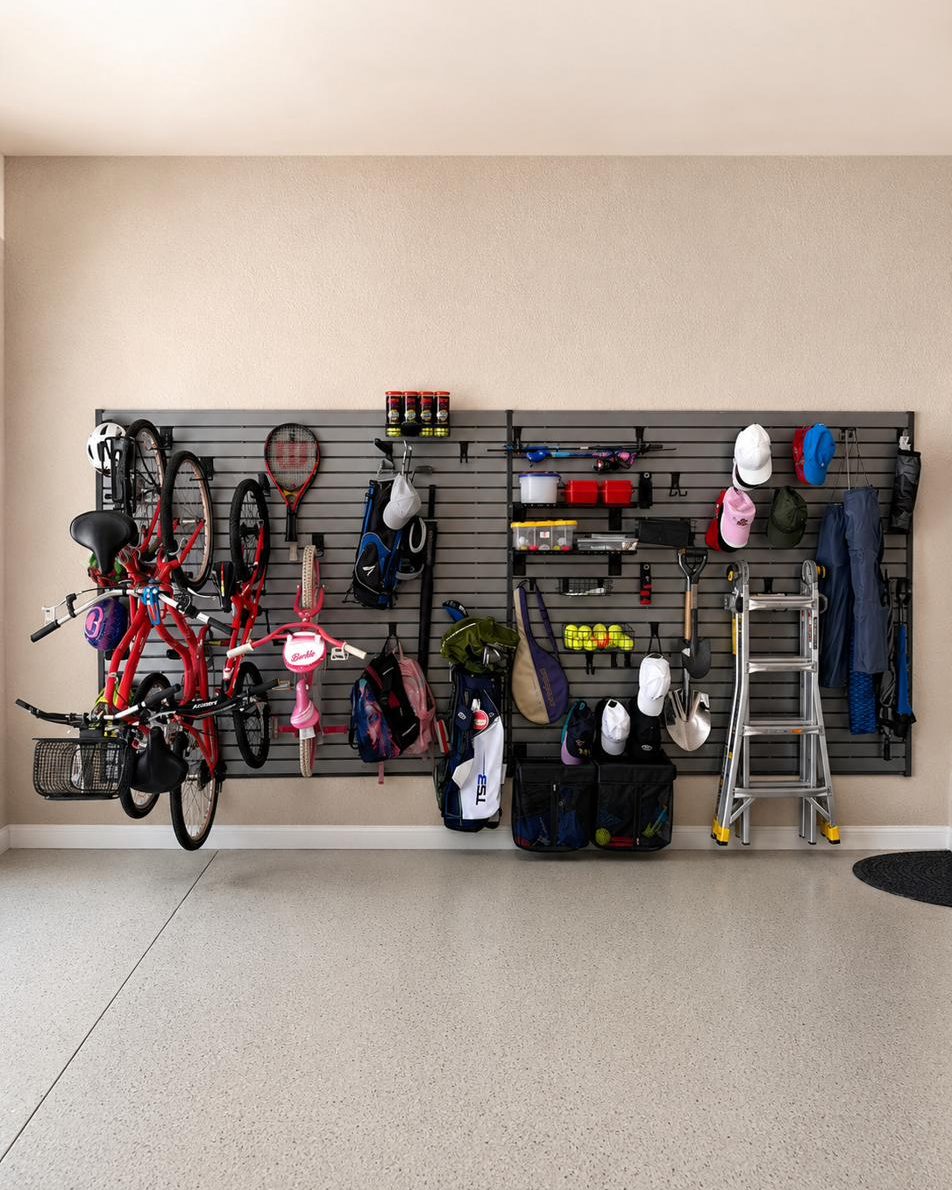 Finished family garage with kids' bikes, rackets, golf bags and helmets hung on slatwall, clear floor