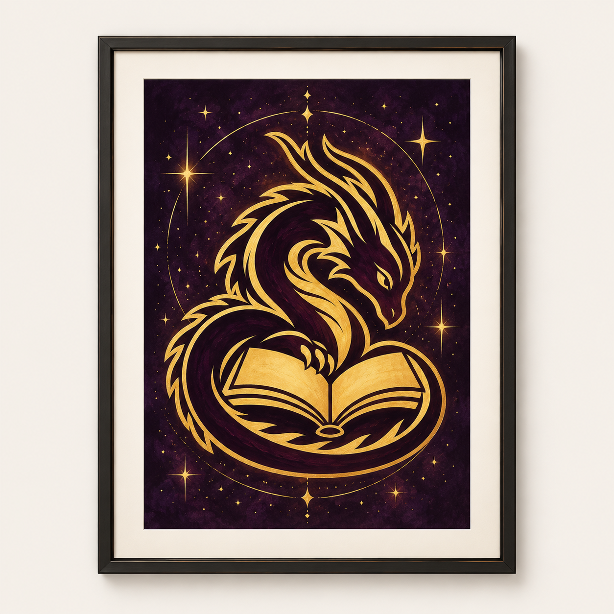 Framed art print concept with a gold dragon and open book against a purple starry background.