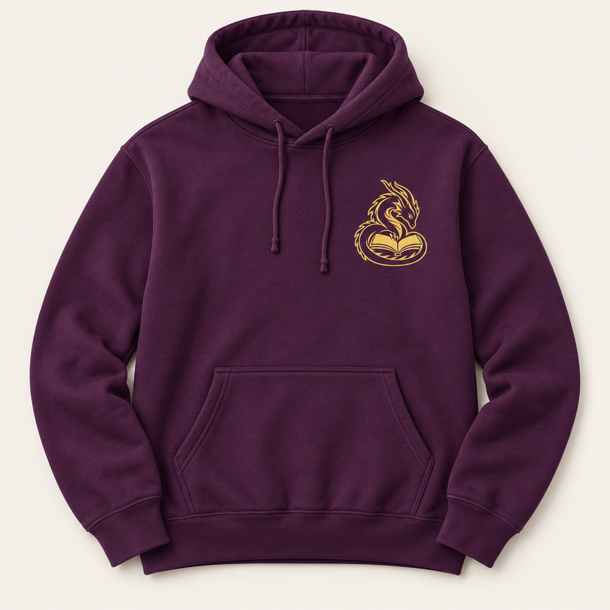 Plum hoodie concept with a small gold dragon-and-book chest design.