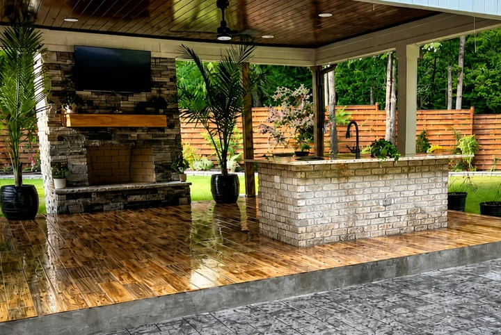 Covered patio with a wood ceiling, outdoor fireplace, and masonry bar
