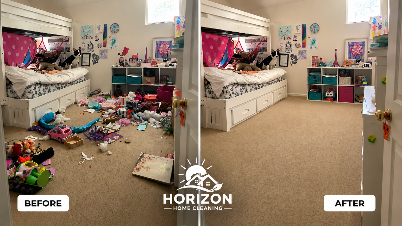 Clean and tidy open living area cleaned by Horizon