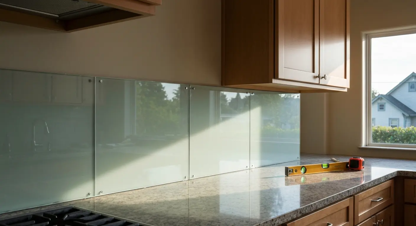 Glass backsplash in modern kitchen