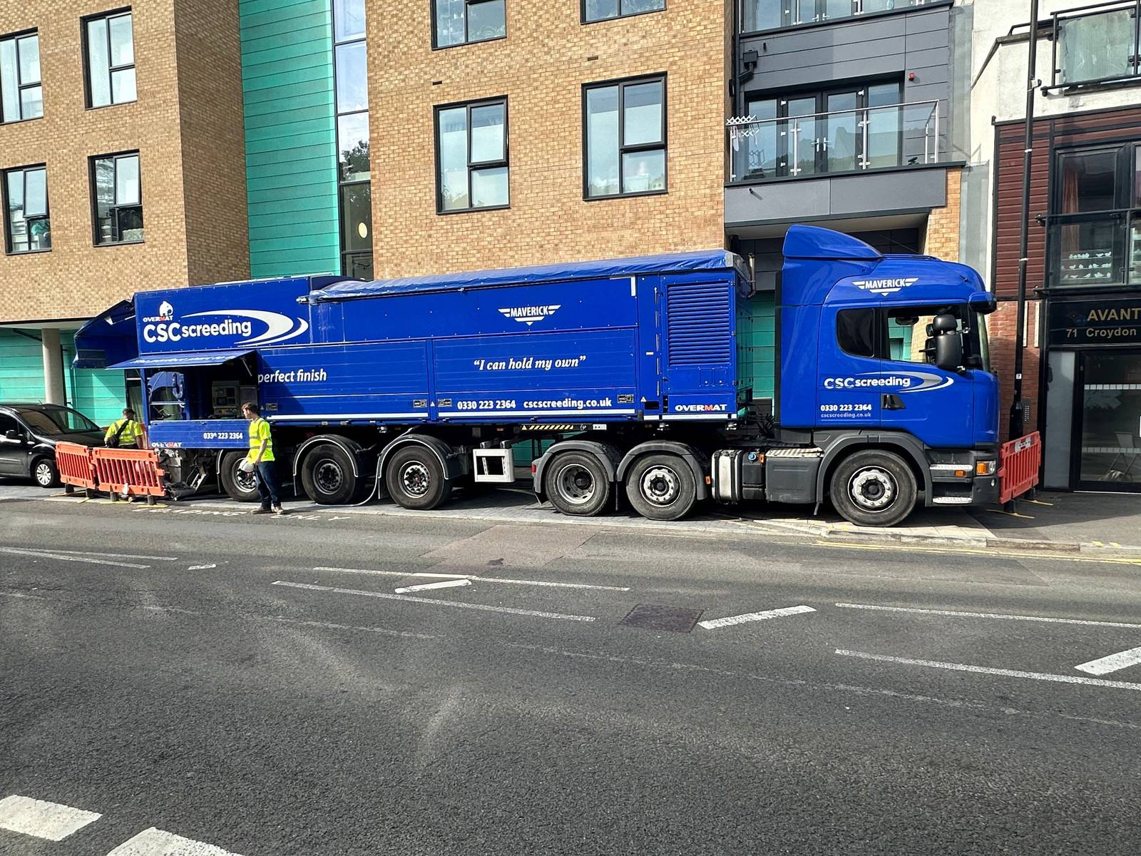 CSC Screeding's Maverick on-site batching truck parked on the high street for the Lidl Caterham job