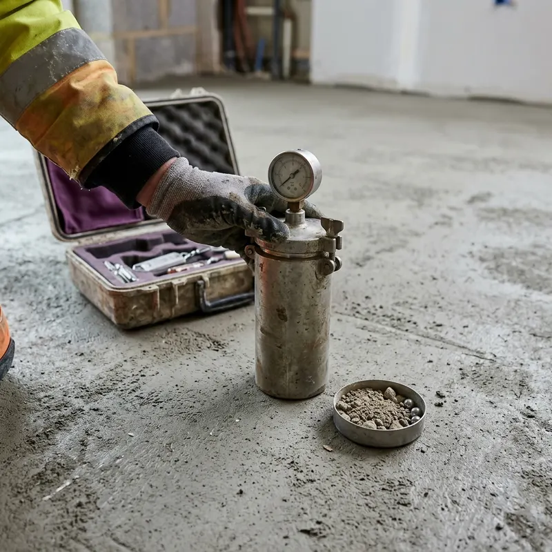 Calcium carbide moisture test flask with pressure gauge beside a screed sample on a freshly laid screed floor
