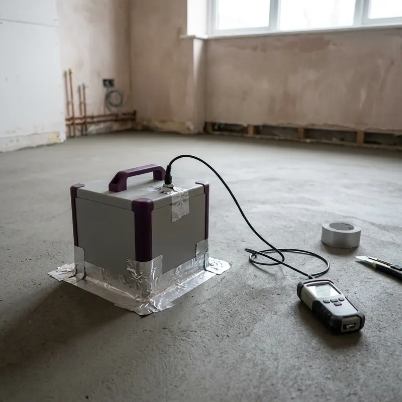 Insulated humidity hood sealed to a screed floor with a cable to a handheld reader