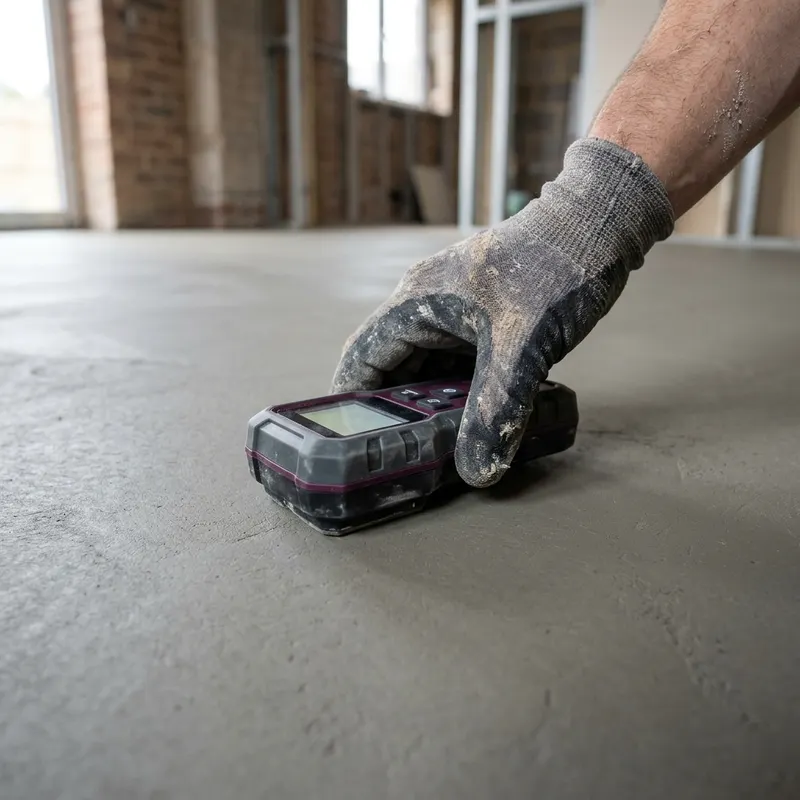 Gloved hand pressing a handheld moisture meter onto a screed floor