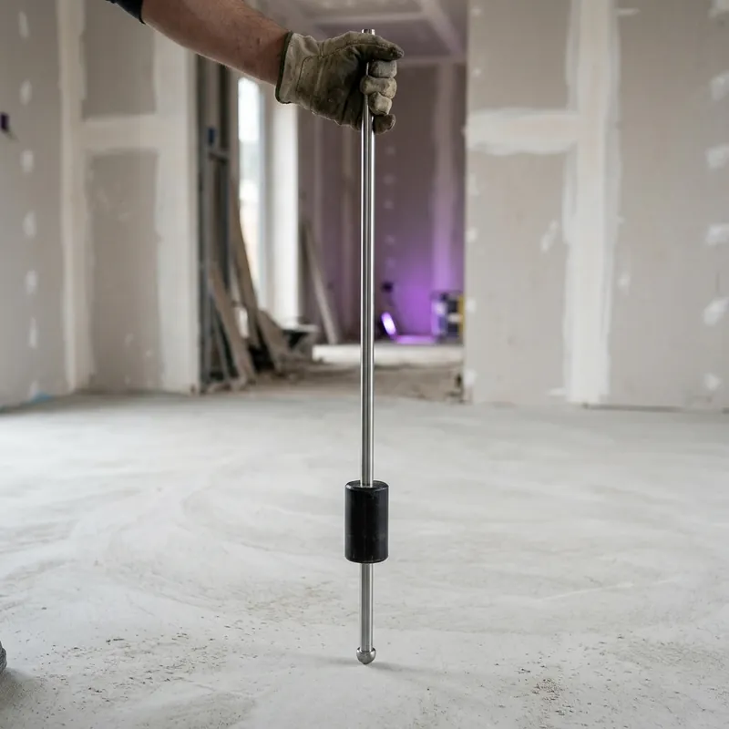 Drop hammer tester, a steel rod with a sliding black weight, held upright on a finished, dry screed