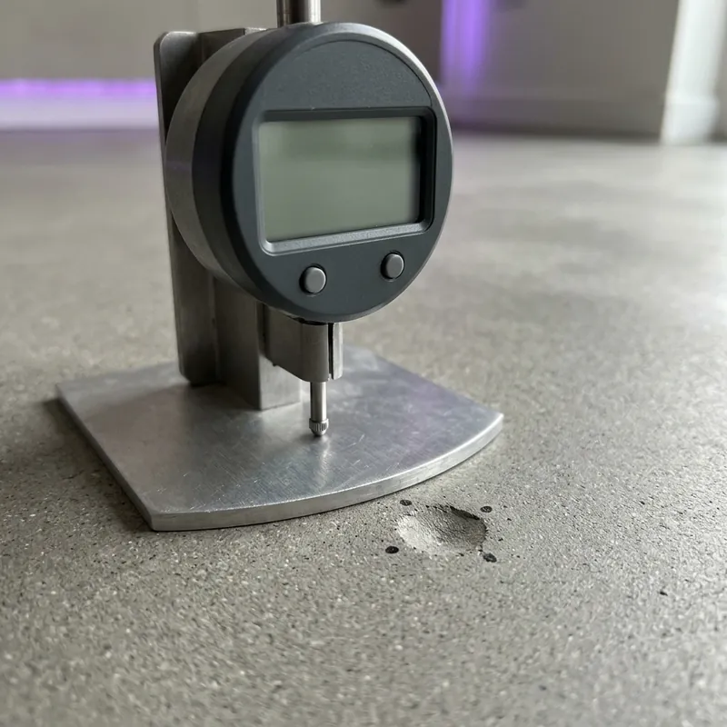 Dial indicator gauge on an aluminium base measuring a drop hammer indentation in a finished, dry screed