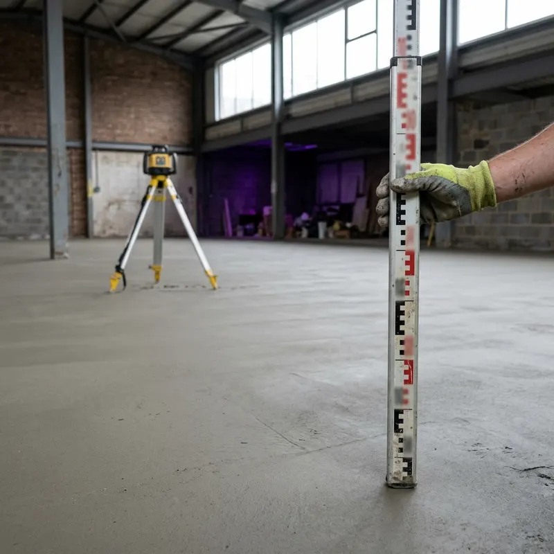 Levelling staff held on a screed floor with a laser level on a tripod behind