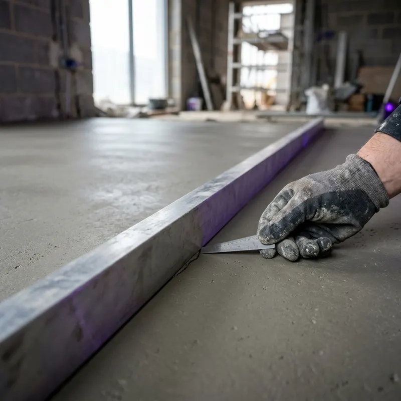 Straightedge laid on a screed floor with a measuring wedge slid underneath
