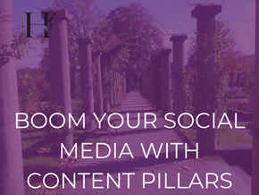 Purple-toned graphic featuring a tree-lined walkway with classical columns and the text ‘Boom Your Social Media With Content Pillars.