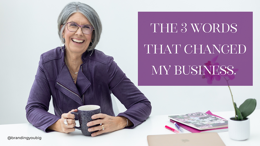 Smiling woman in glasses and a purple jacket holding a coffee mug at a desk, with a purple text panel reading ‘The 3 Words That Changed My Business. Smiling woman in glasses and a purple jacket holding a coffee mug at a desk, with a purple text panel reading ‘The 3 Words That Changed My Business.