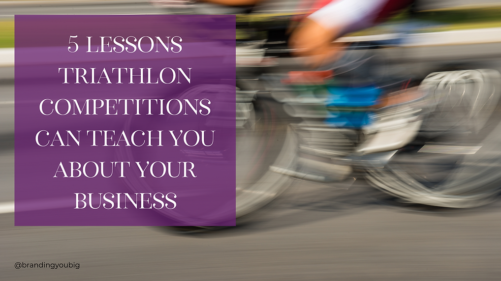 Motion-blurred image of a cyclist during a triathlon, with a purple text panel reading ‘5 Lessons Triathlon Competitions Can Teach You About Your Business.