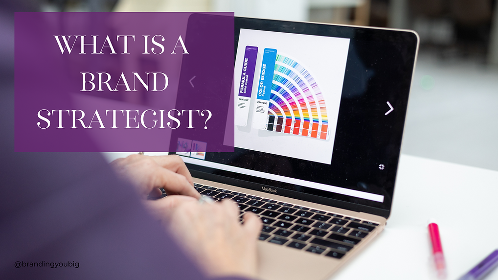 Person working on a laptop displaying a color palette, with a purple text overlay reading ‘What Is a Brand Strategist?