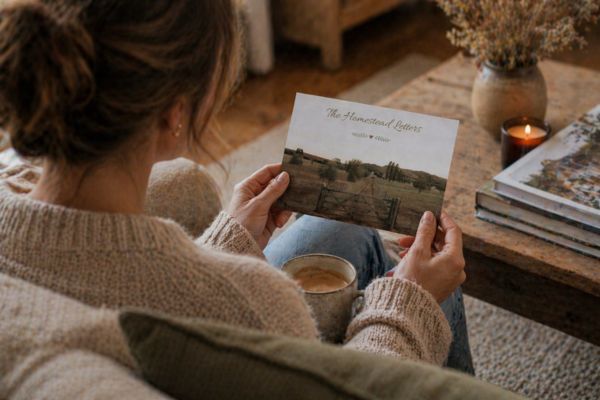 A woman looking at a postcard sitting inside her lounge