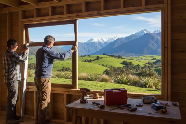 Two men installing a window looking out over a rural landscape