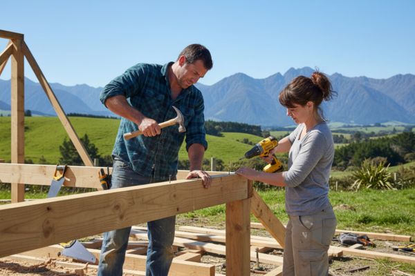 A husband and wife build a timber home together in rural NZ