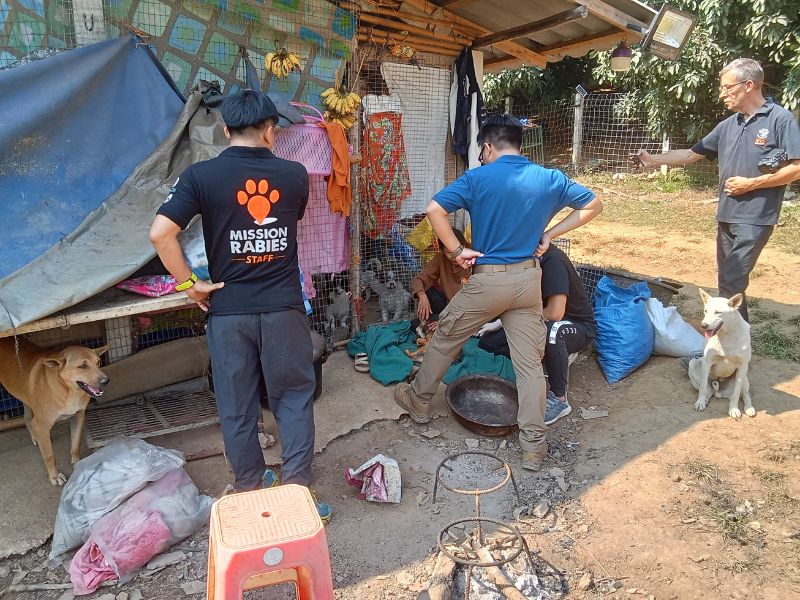 Members of a Thai animal rescue organisation inspecting the cat and small dog enclosure at a remote rescue centre near Chiang Rai, Thailand. The team later committed to providing ongoing support, including running water, electricity, road access and a neutering programme for the animals.