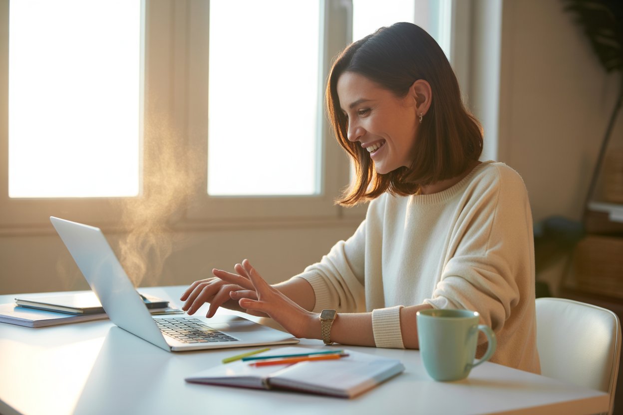 Teacher working remotely at a laptop with coffee + natural light