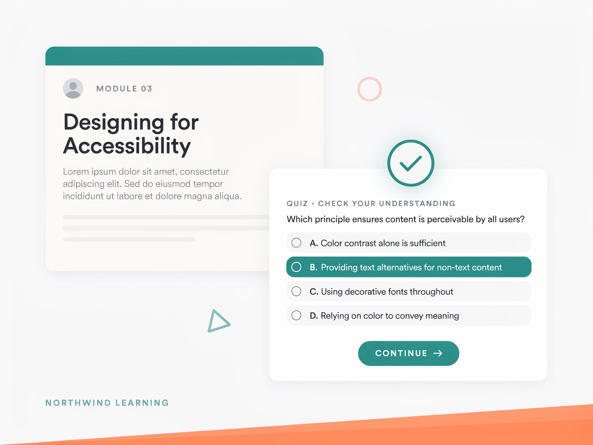 Stylized view of an eLearning course slide and interactive quiz being built for a portfolio. Stylized view of an eLearning course slide and interactive quiz being built for a portfolio.