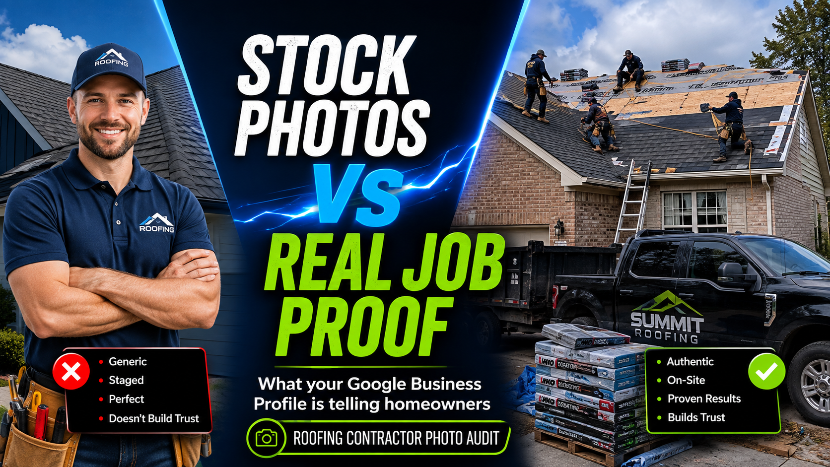 Roofing contractor photo audit comparing generic stock roofing photos with authentic on-site job photos that build homeowner trust.