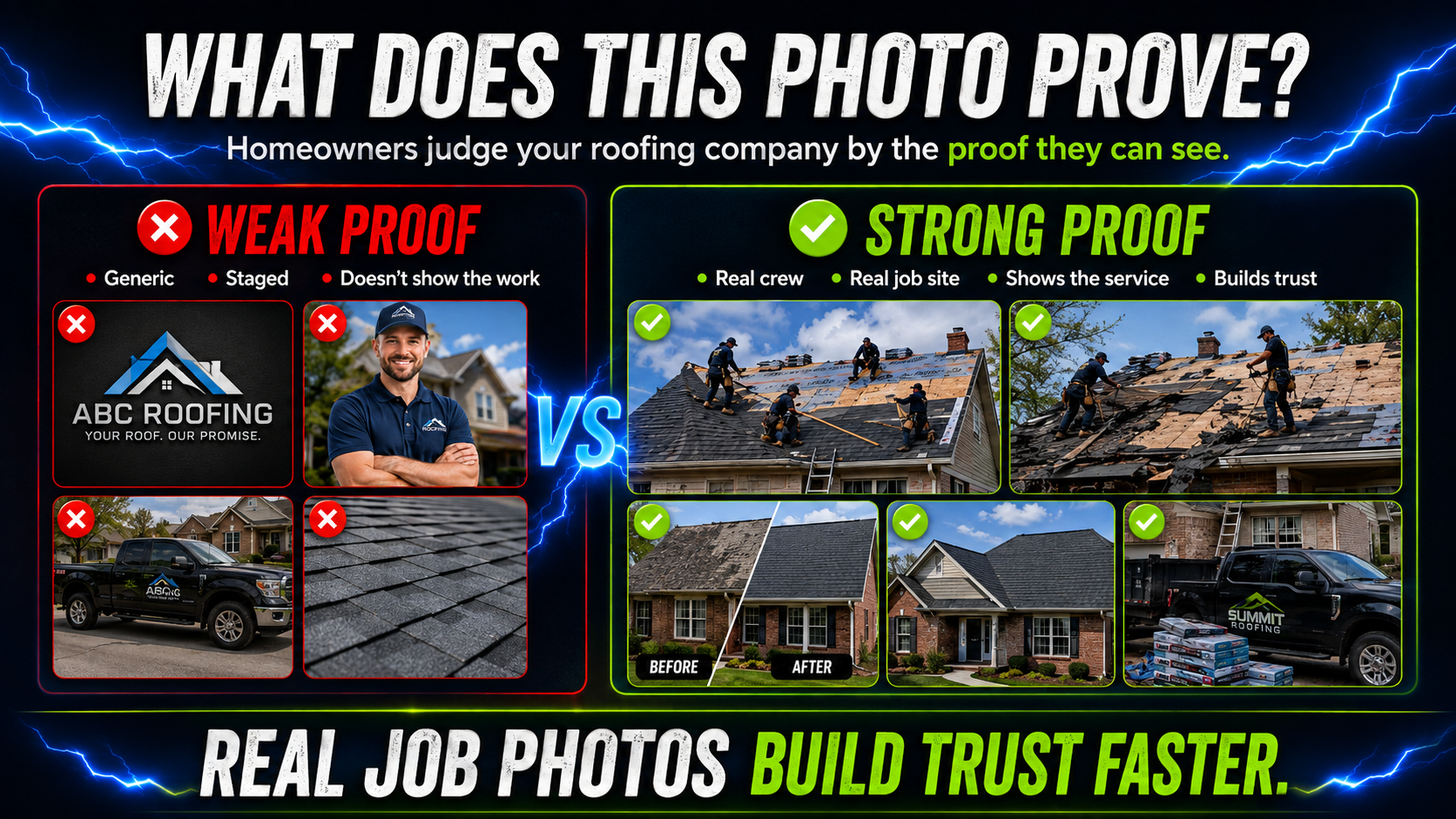Comparison of weak roofing profile photos versus strong real job-site photos showing crews, roofing work, before-and-after results, and authentic proof.
