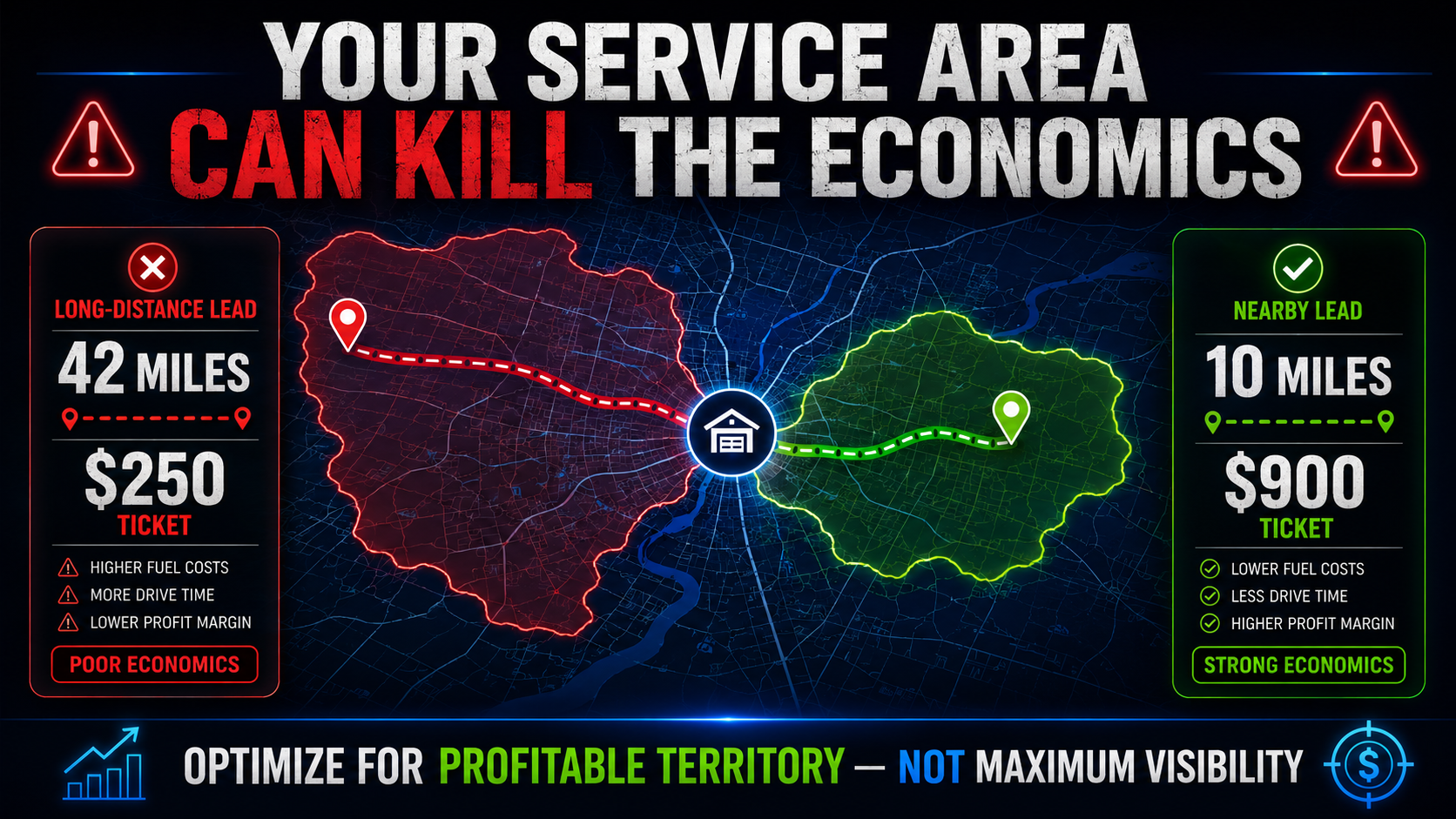 Google Local Services Ads service area comparison showing a 42-mile $250 job versus a nearby 10-mile $900 job