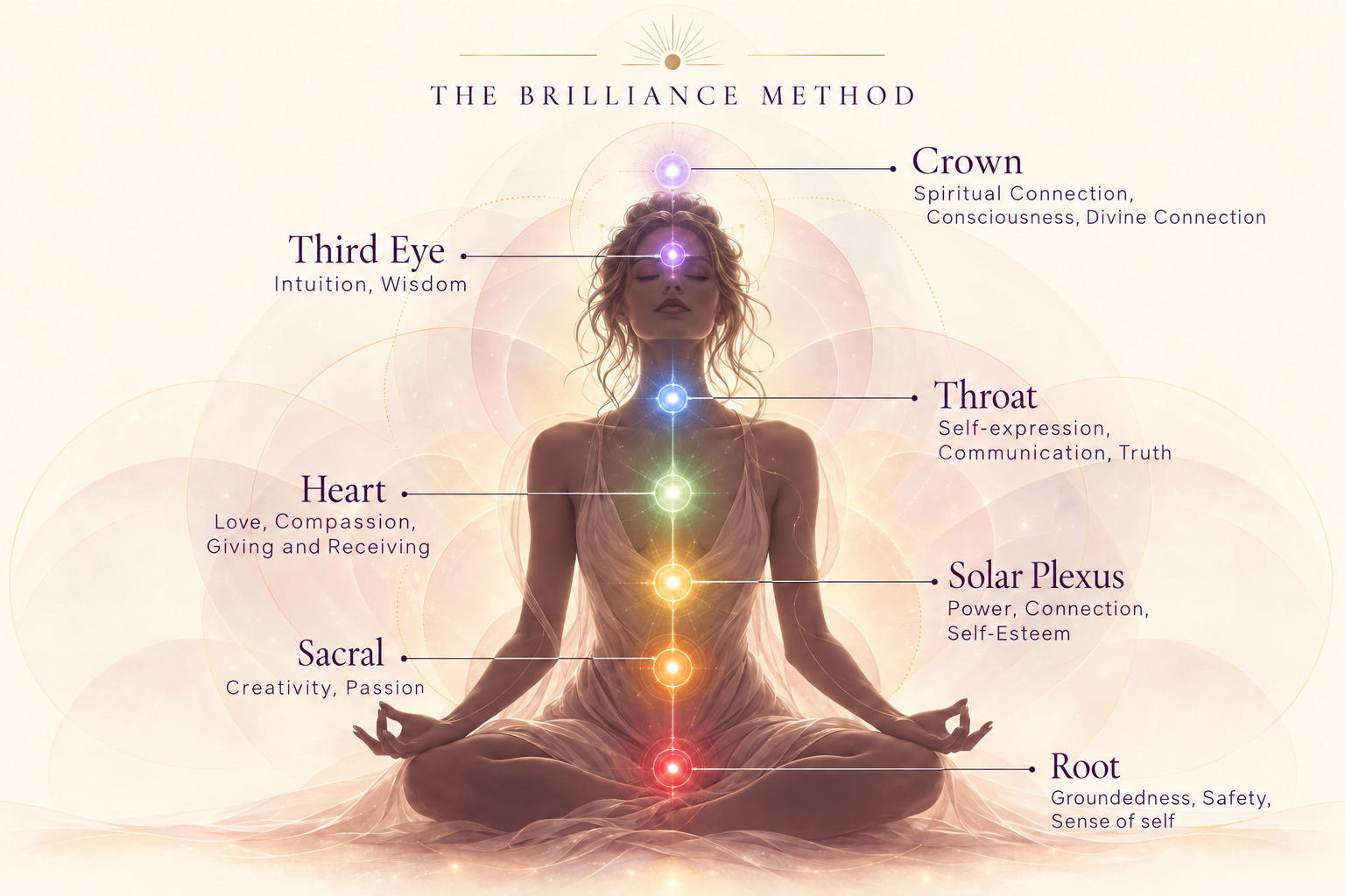 The 7 chakras: Root, Sacral, Solar Plexus, Heart, Throat, Third Eye, and Crown, and what each one governs
