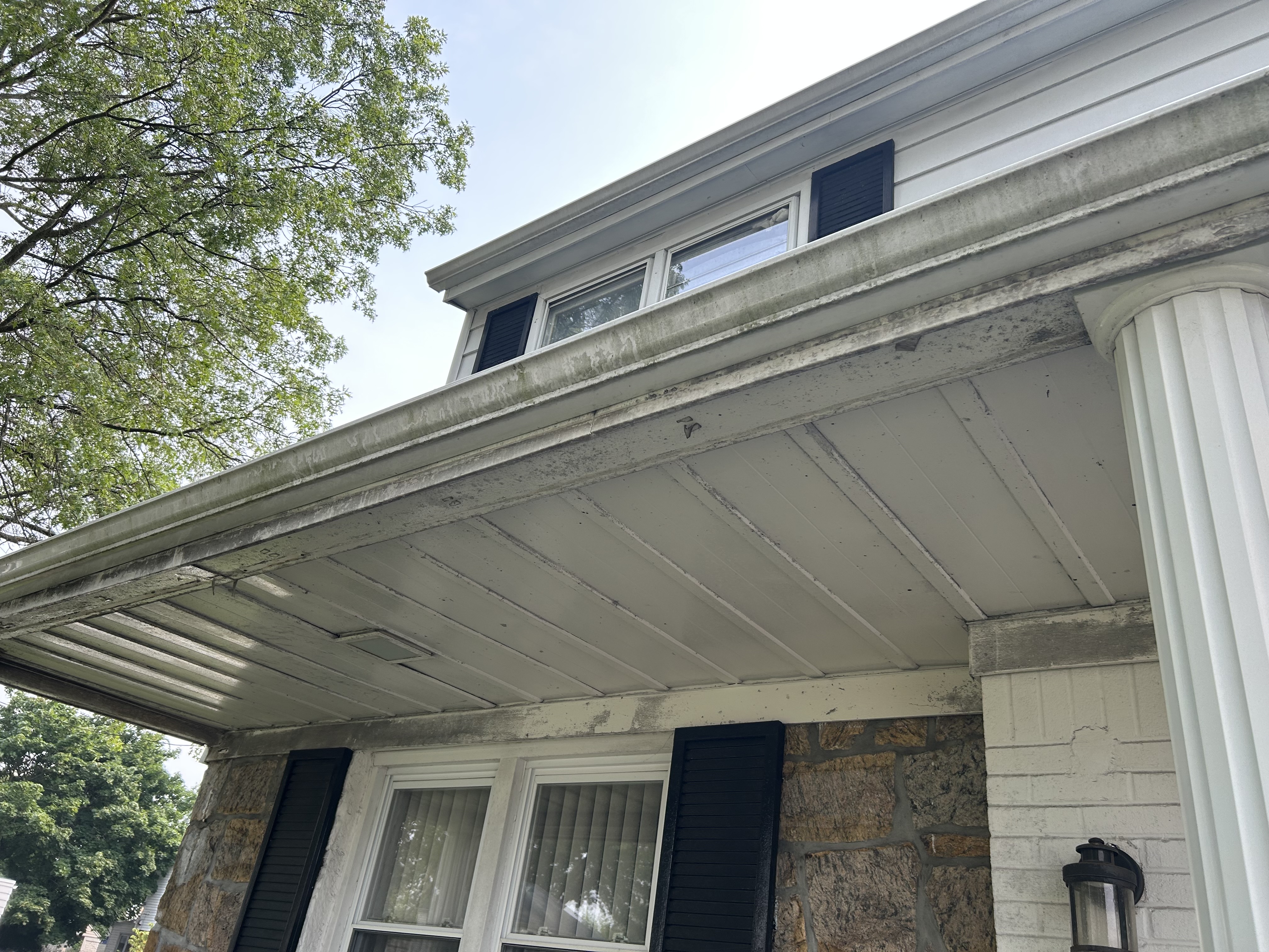 Before: gutter, fascia and soffit covered in dark green and black staining.