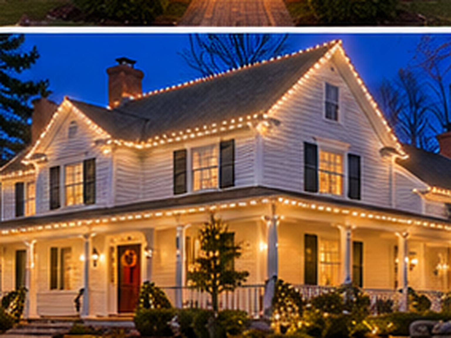 Home in Wilton, CT lit with warm white Christmas lights
