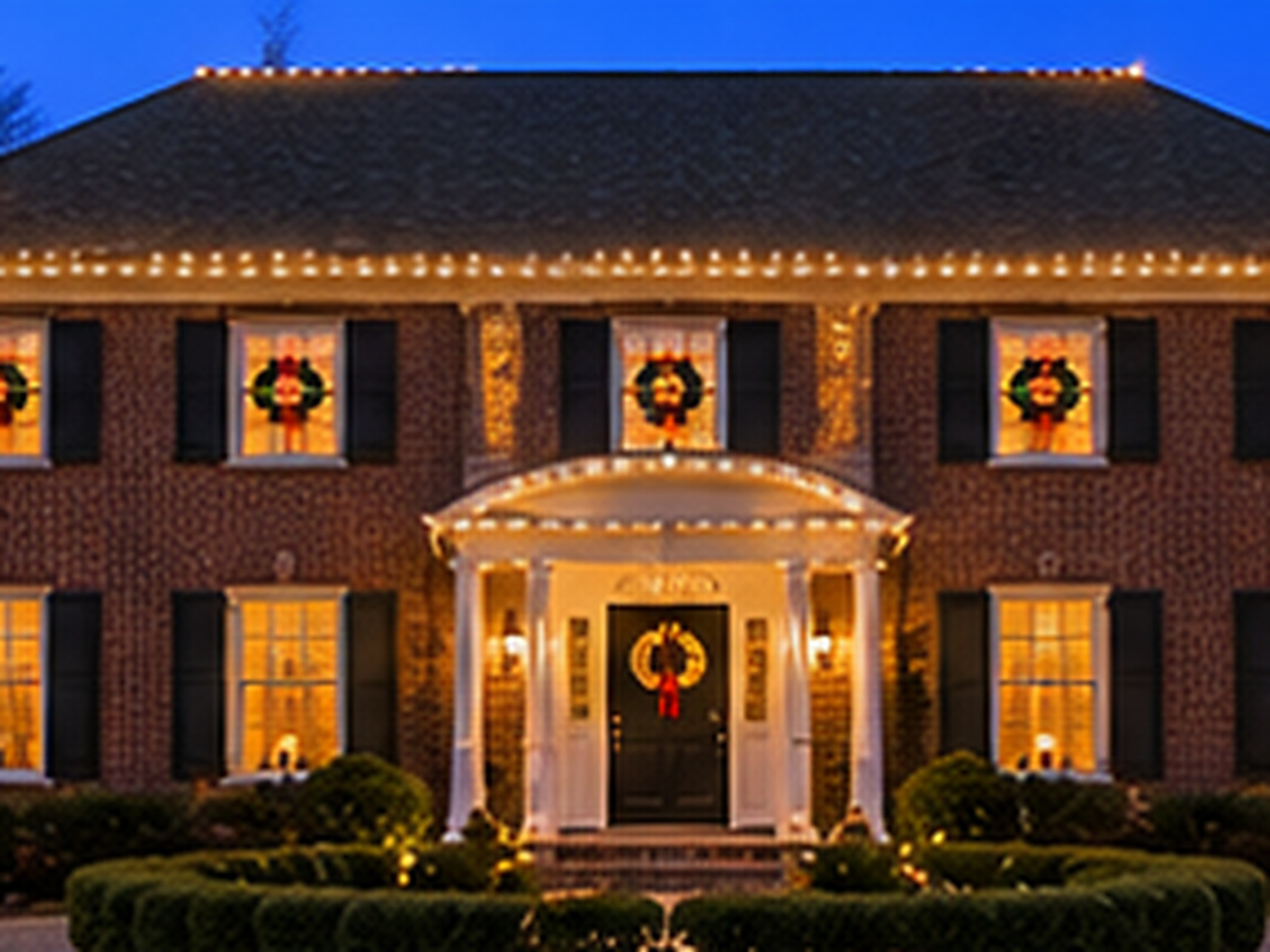 Home in Greenwich, CT lit with warm white Christmas lights