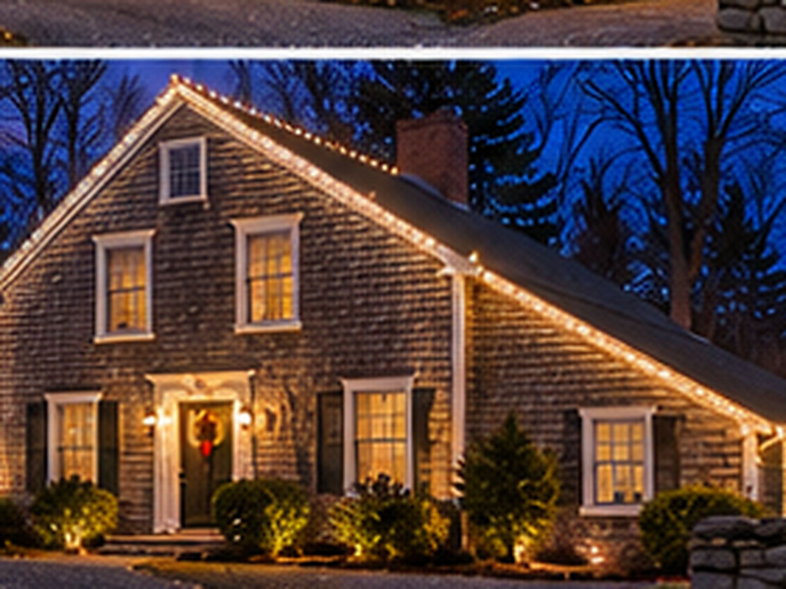 Home in Redding, CT lit with warm white Christmas lights