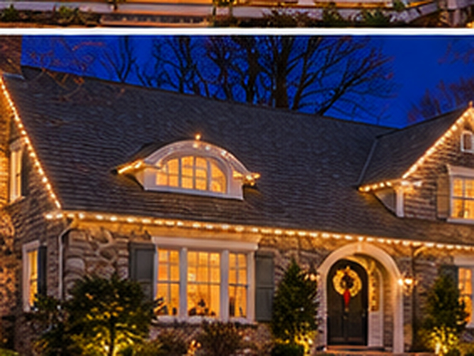 Home in New Canaan, CT lit with warm white Christmas lights