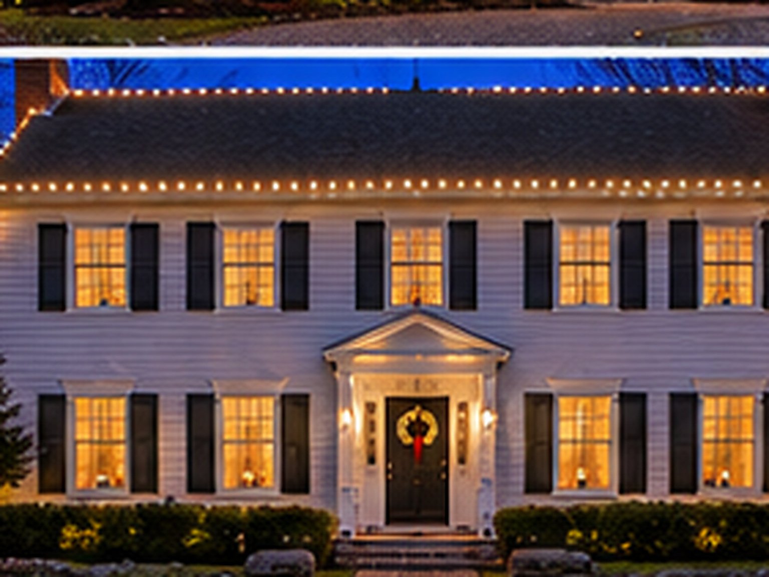 Home in Ridgefield, CT lit with warm white Christmas lights