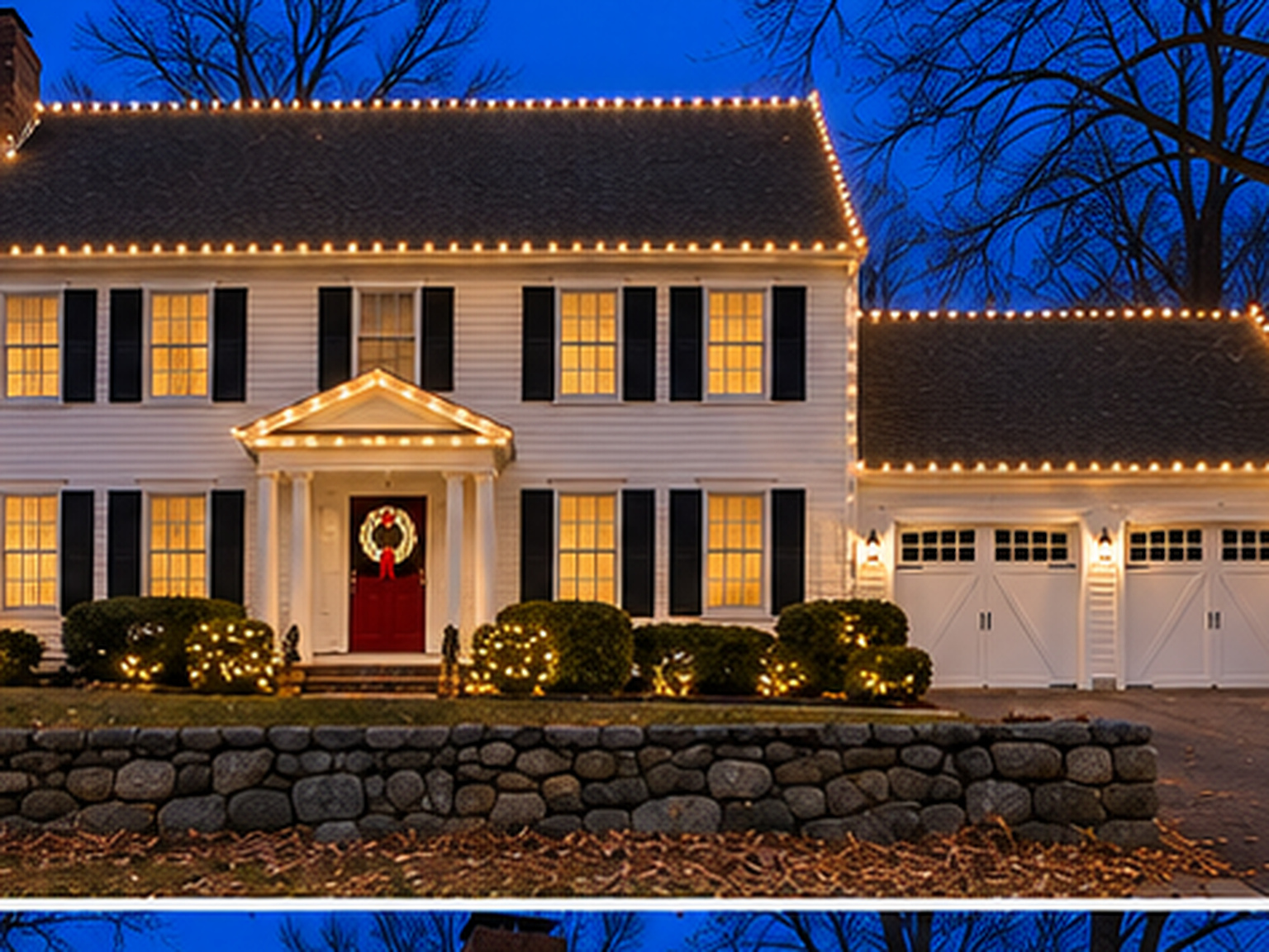 Colonial home, after: lit with warm white Christmas lights