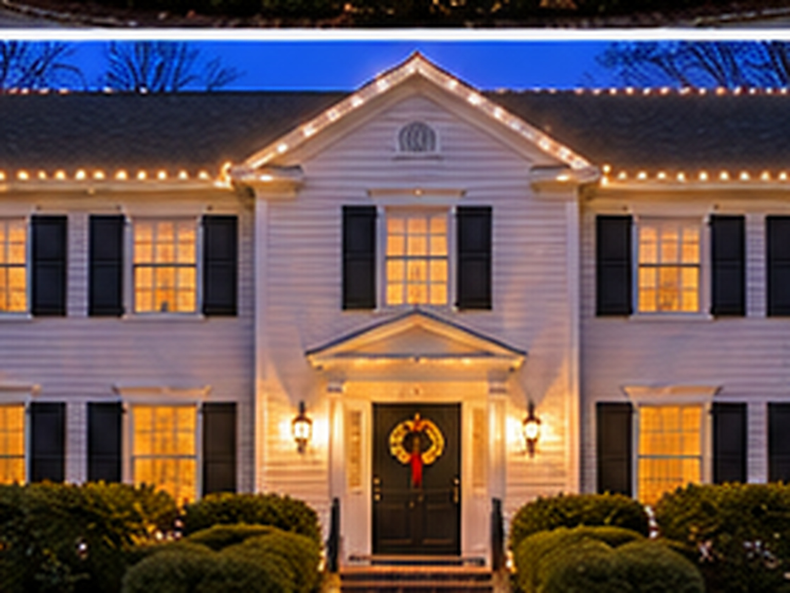 Home in Darien, CT lit with warm white Christmas lights
