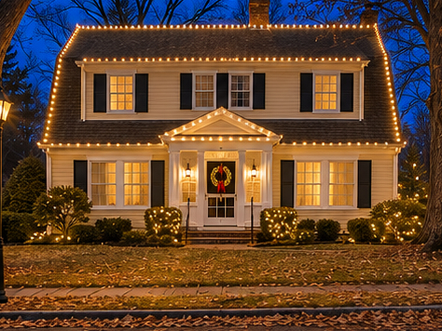Dutch colonial home, after: lit with warm white Christmas lights