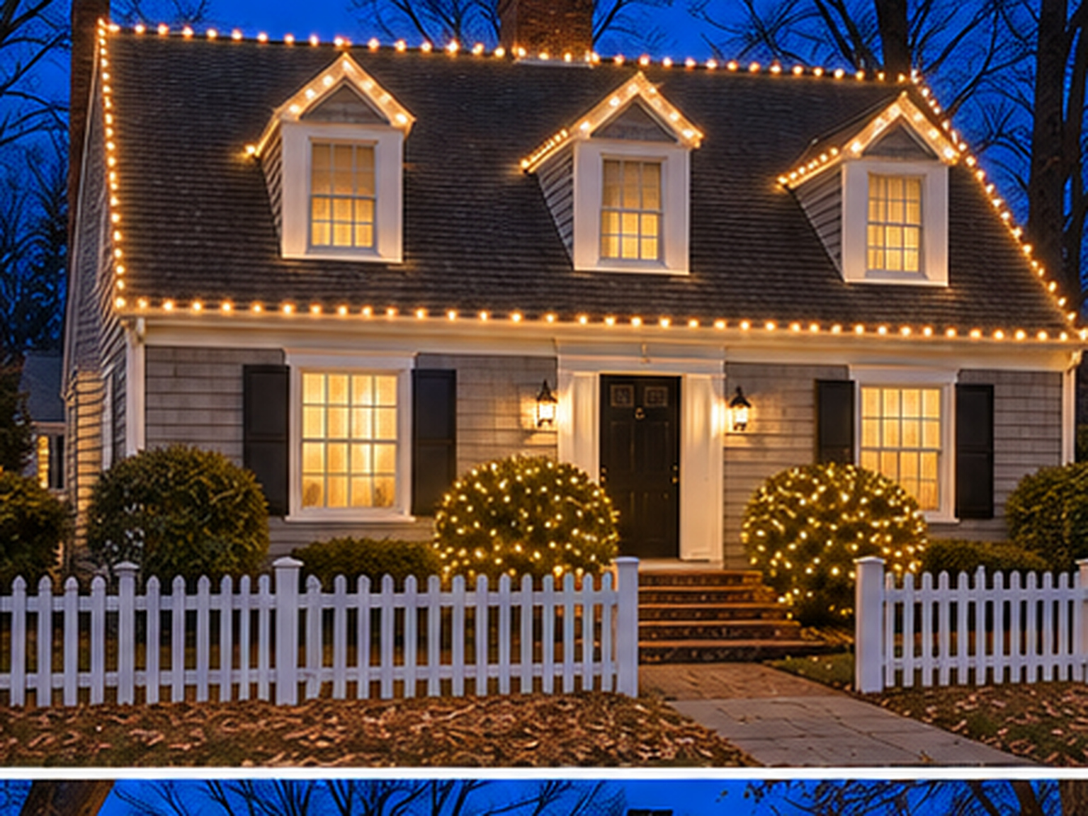 Cape home, after: lit with warm white Christmas lights