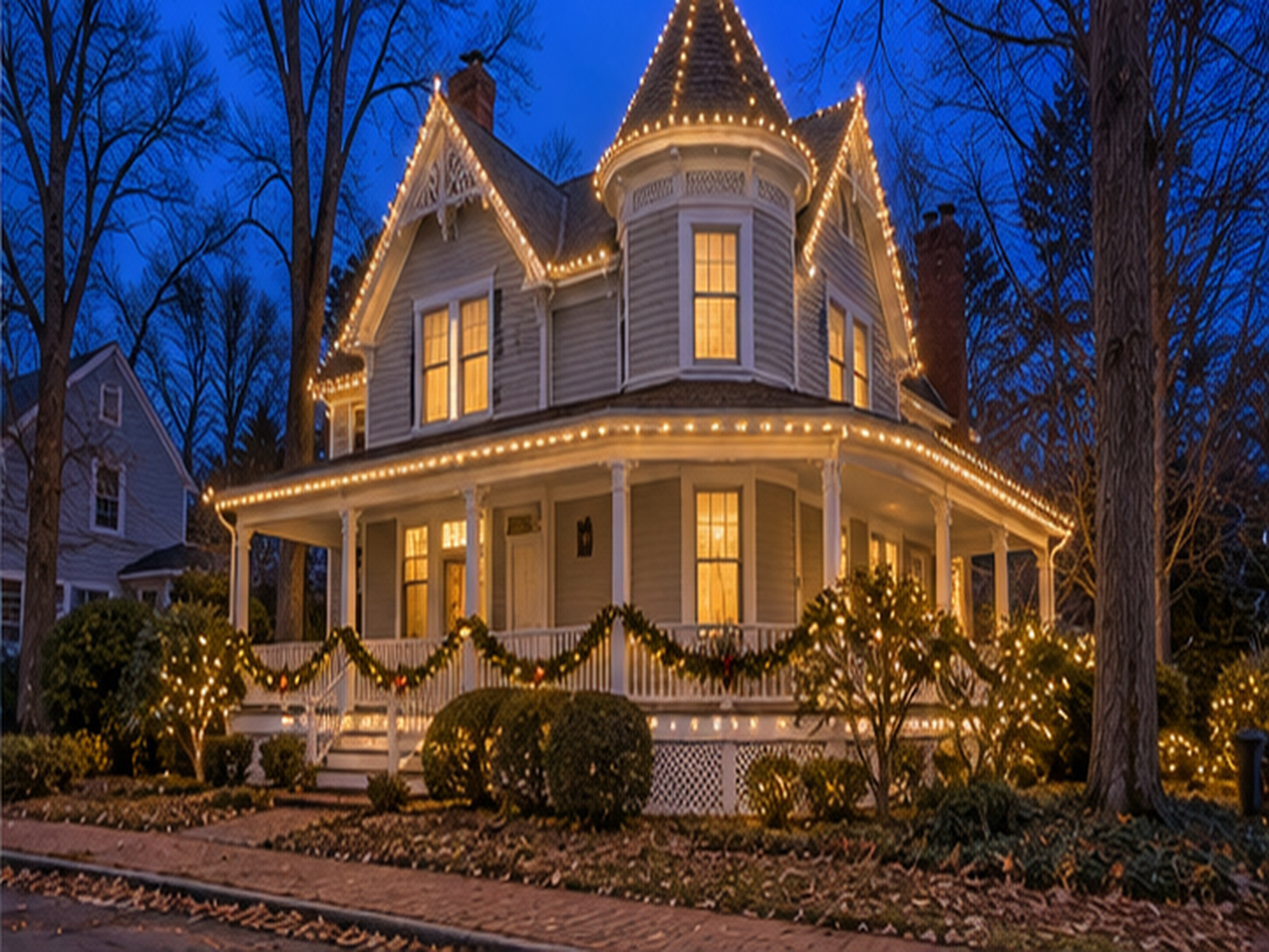 Victorian home, after: lit with warm white Christmas lights