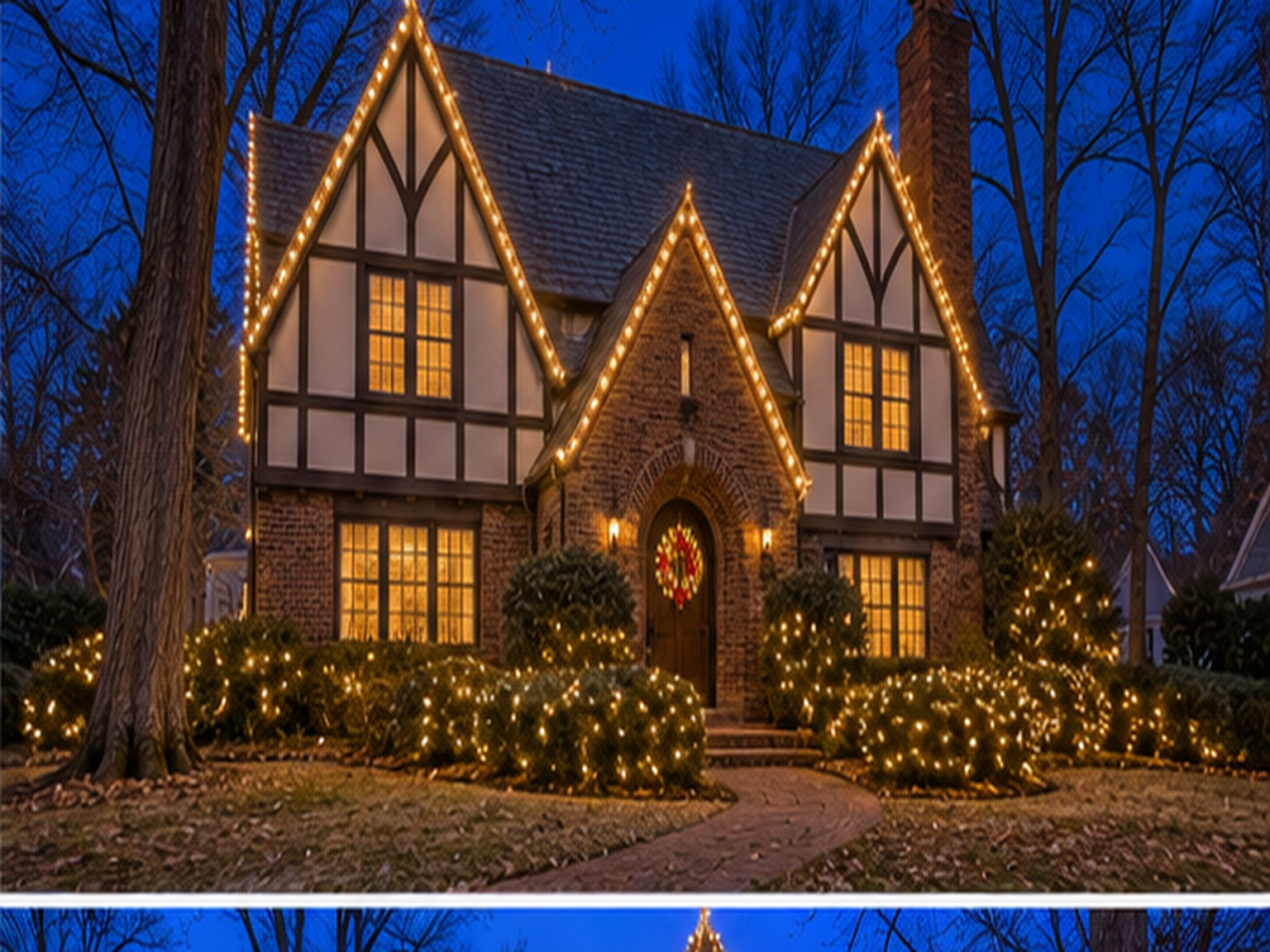 Tudor home, after: lit with warm white Christmas lights