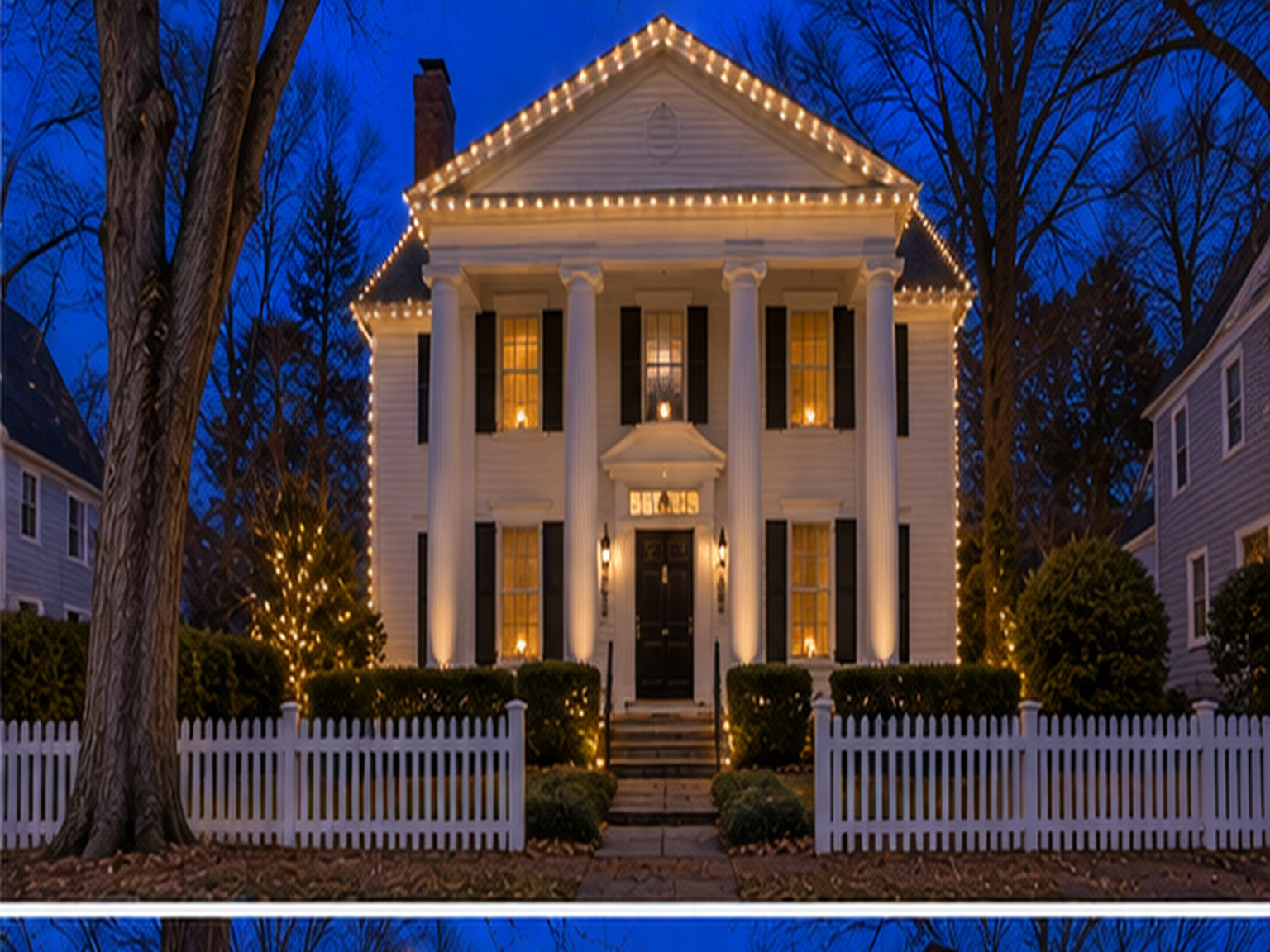 Greek Revival home, after: lit with warm white Christmas lights