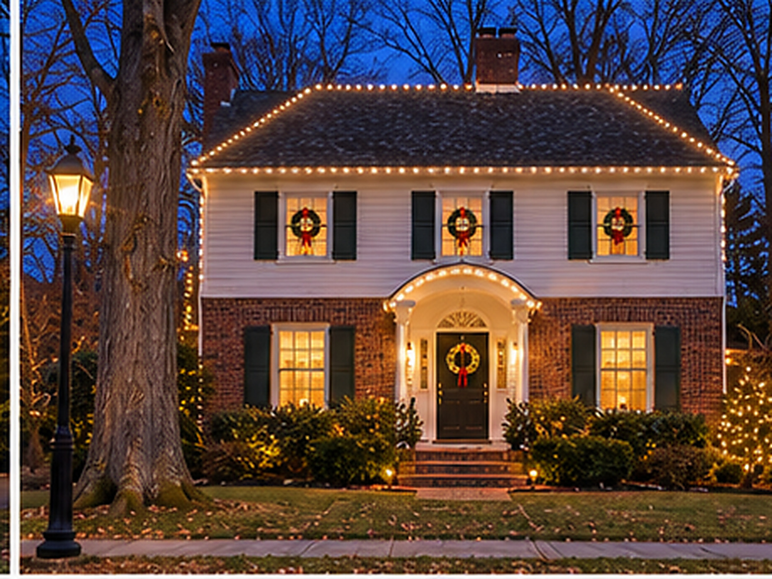 Home in Stratfield, CT lit with warm white Christmas lights