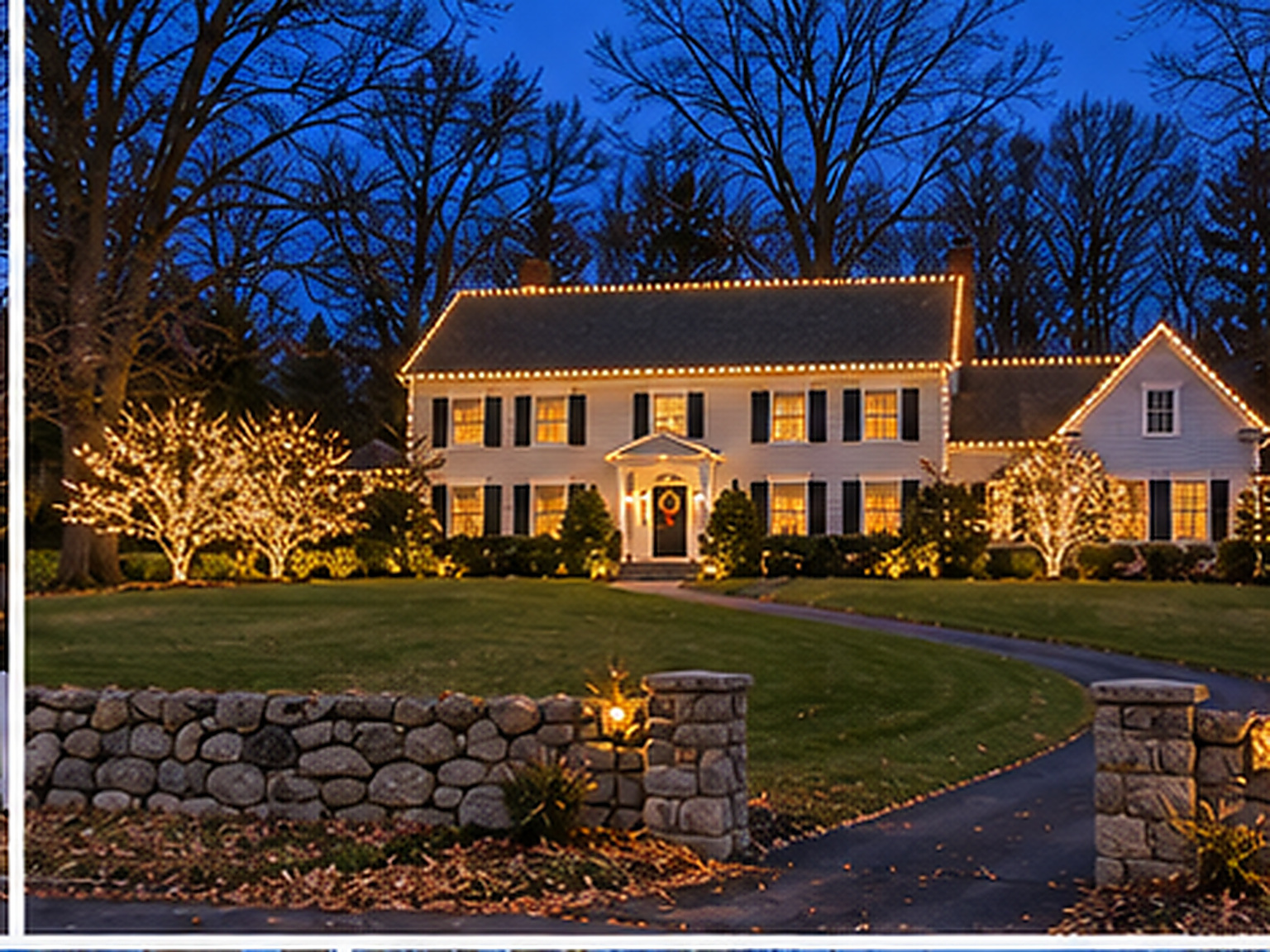 Home in Greenfield Hill, CT lit with warm white Christmas lights