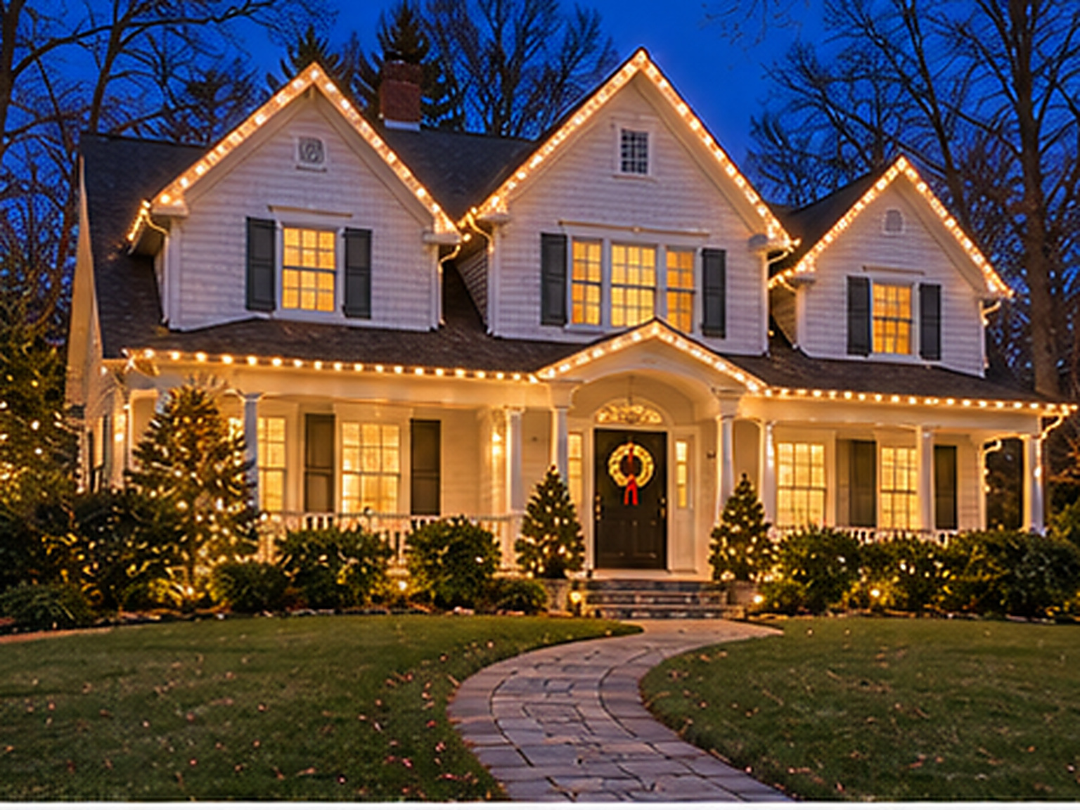 Home in Westport, CT lit with warm white Christmas lights