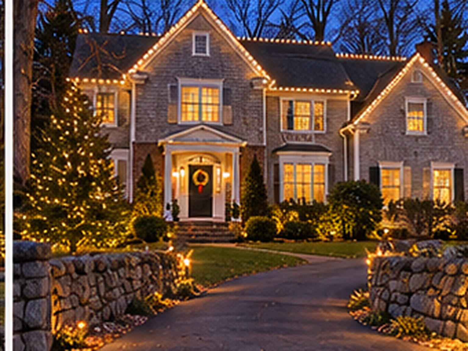 Home in Weston, CT lit with warm white Christmas lights