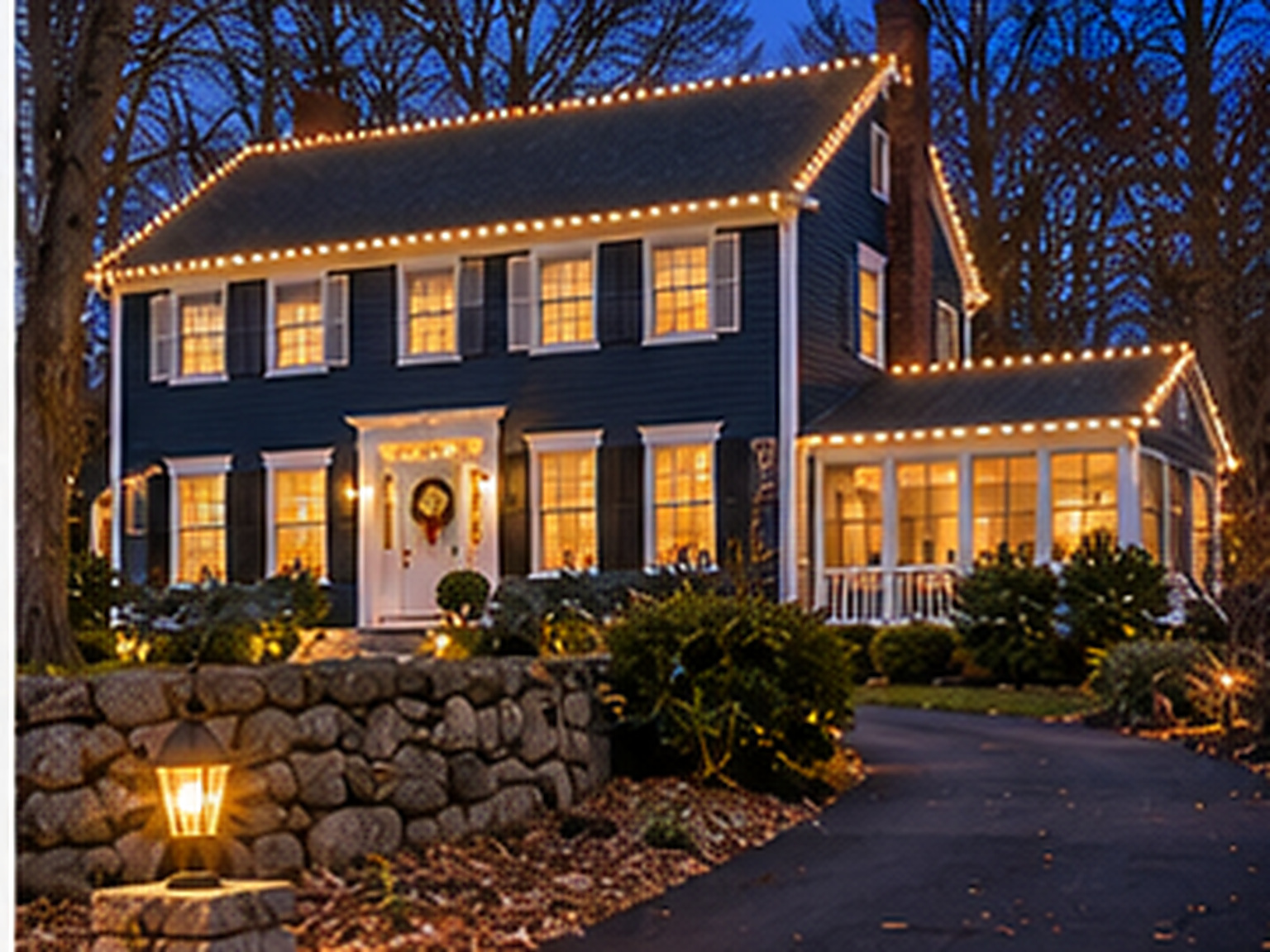 Home in Monroe, CT lit with warm white Christmas lights